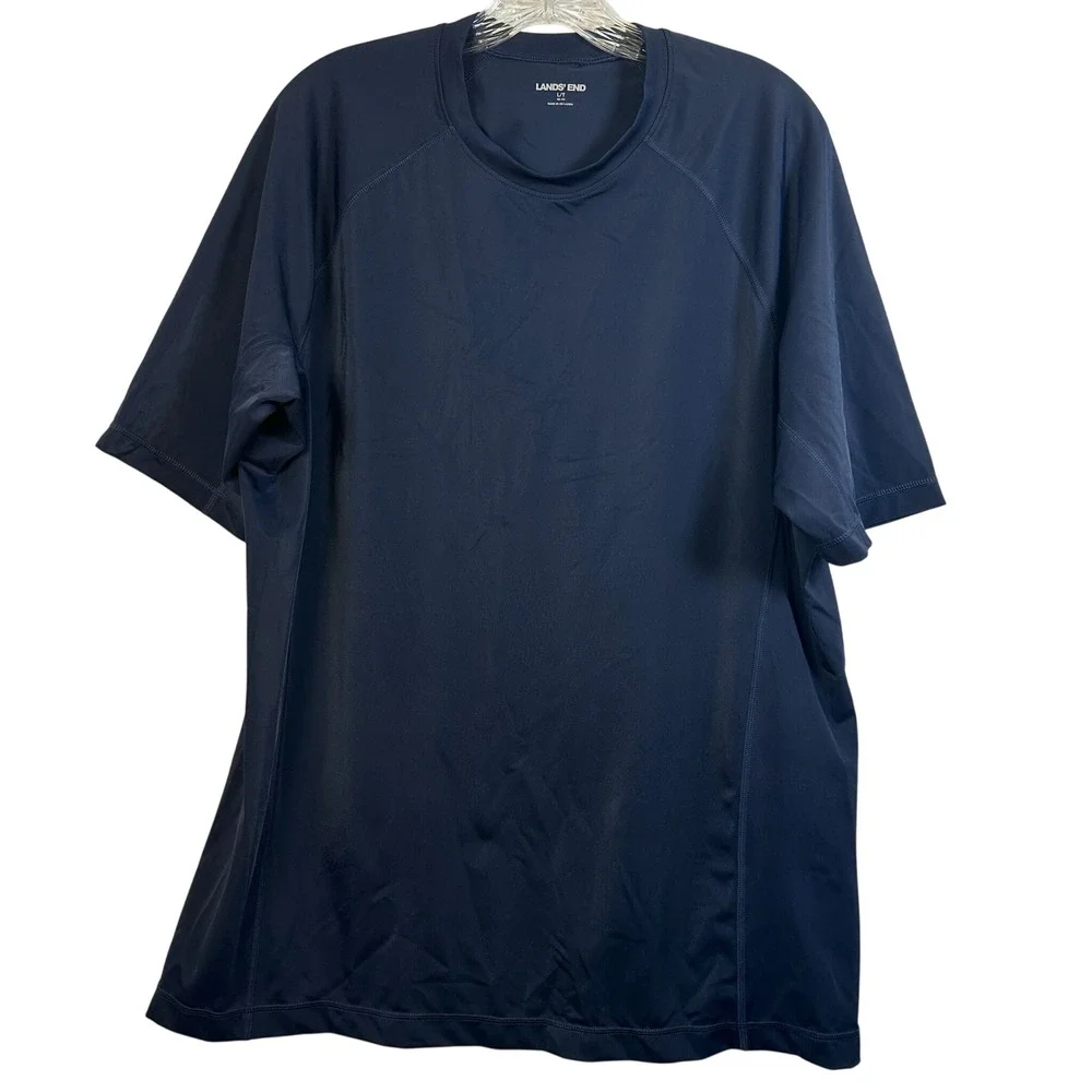 Lands End Mens Navy Blue Short Sleeve UPF 50 Swim Tee Rash Guard Size L/T